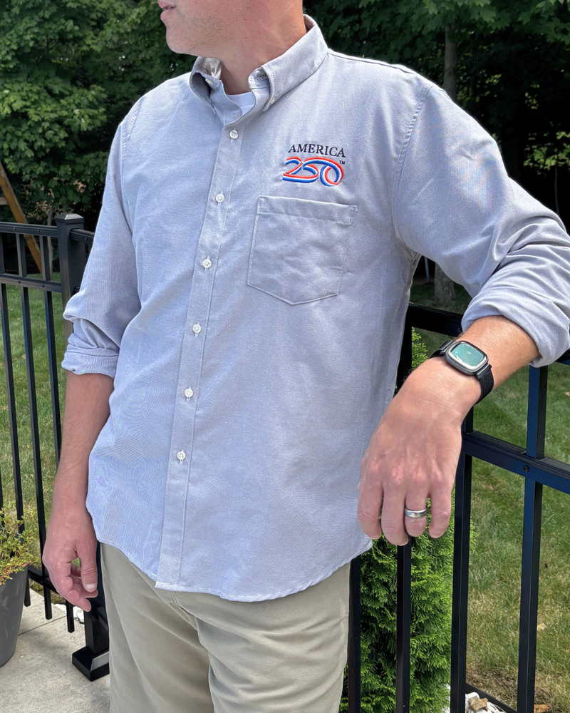 America250 Men's 4.5 oz, 60% Cotton/40% Polyester Oxford Shirt, made in USA.