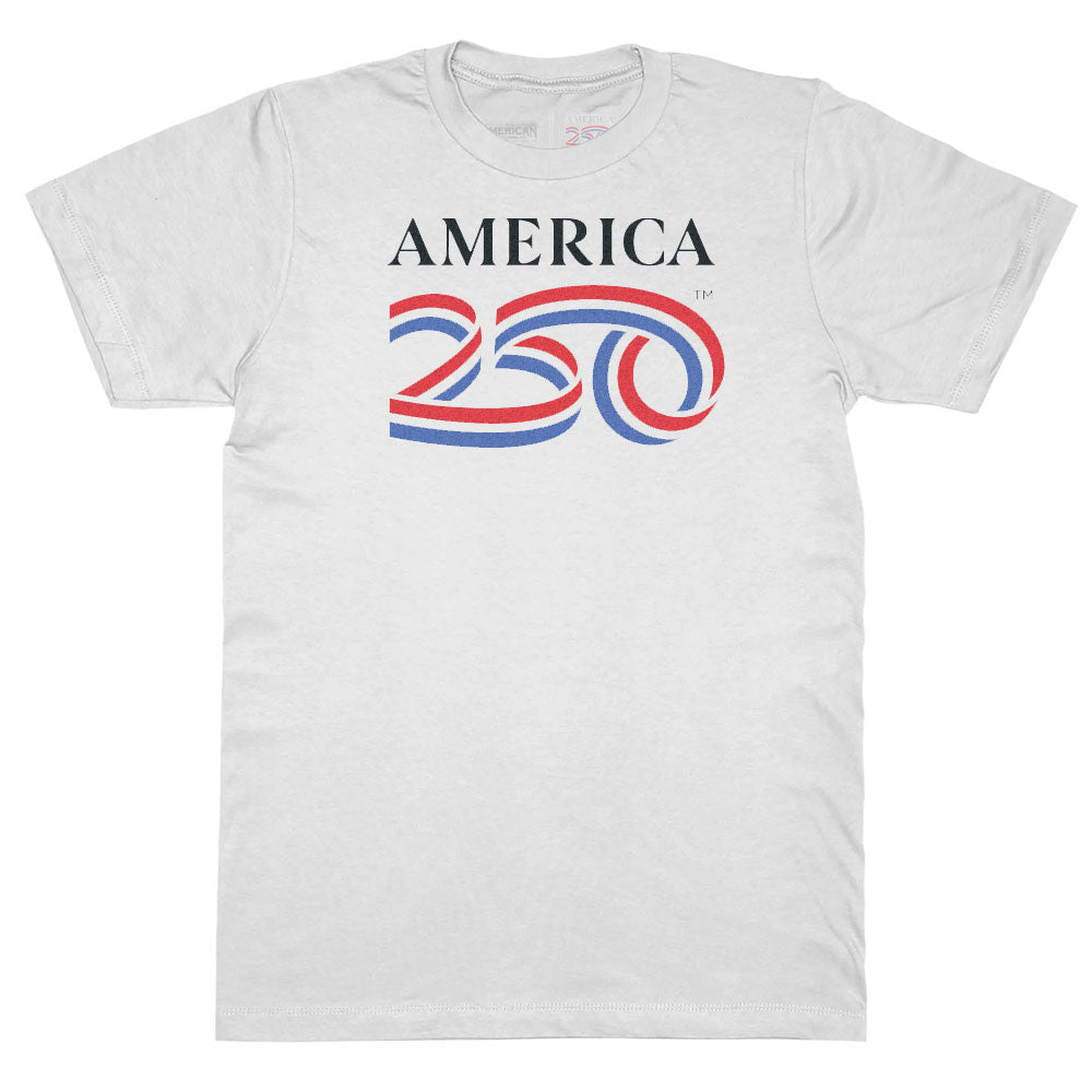 White t-shirt with 'America 2020' graphic design on a white background