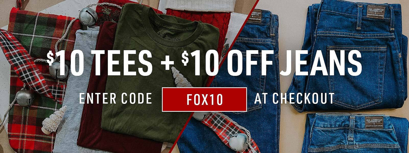 Promotional banner with tees and jeans on a wooden surface, featuring a discount offer.
