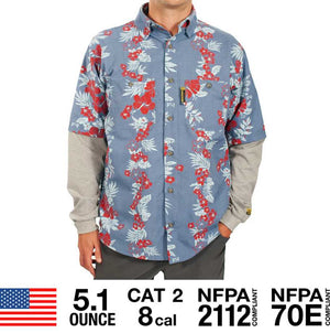 Flame Resistant Tropical Vine Hawaiian Shirt - Light Blue BenchMark FR