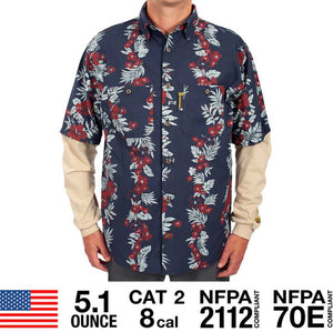 Flame Resistant Tropical Vine Hawaiian Shirt - Navy BenchMark FR