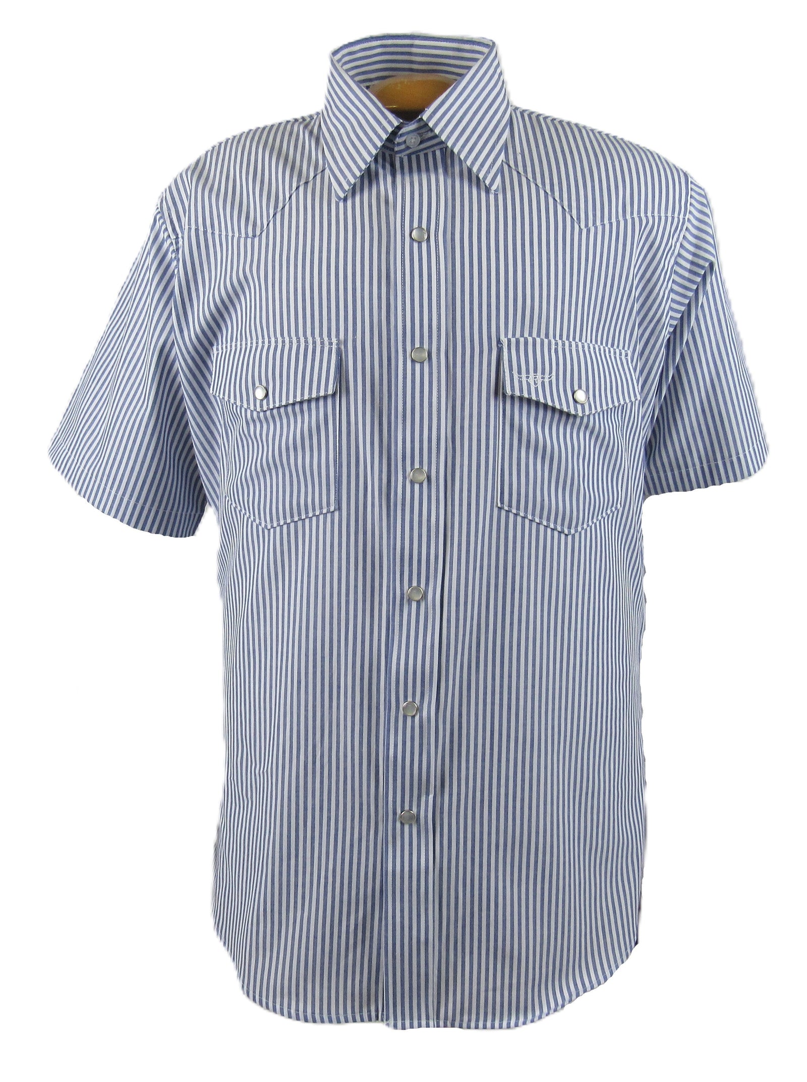 Men's Short Sleeve Blue and White Striped Button-Down Shirt