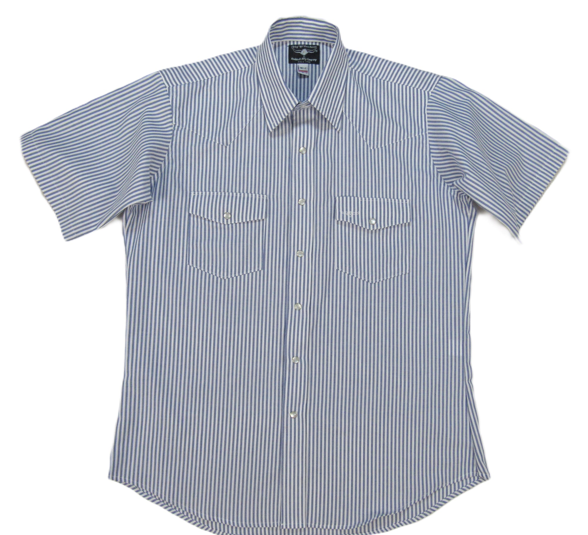 Men's Short Sleeve Blue and White Striped Button-Down Shirt