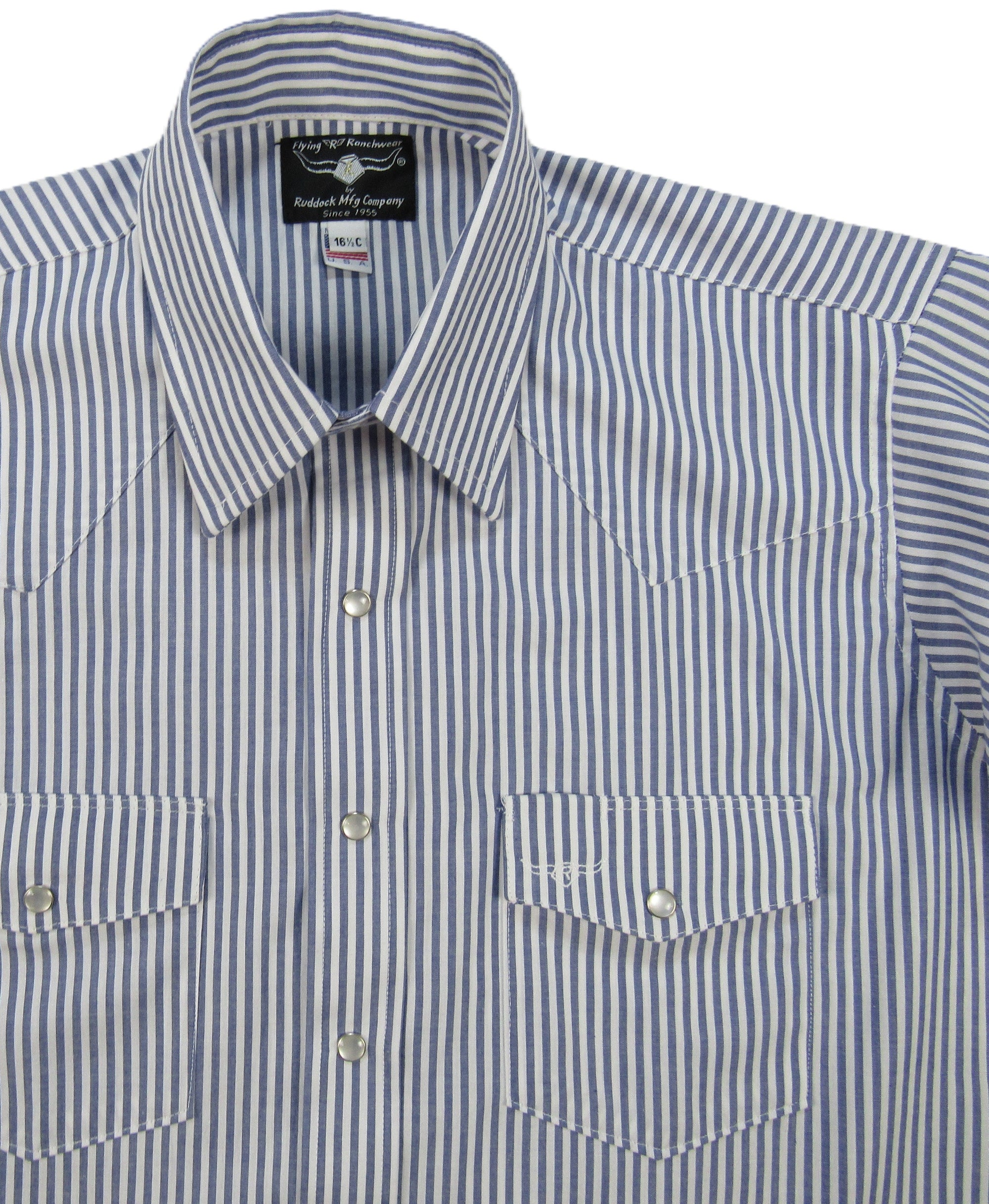 Men's Short Sleeve Blue and White Striped Button-Down Shirt