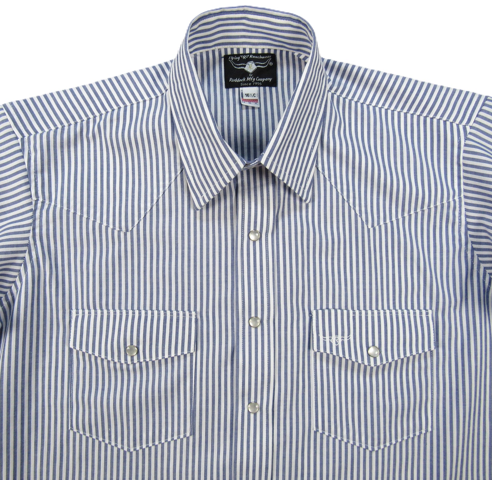Men's Short Sleeve Blue and White Striped Button-Down Shirt