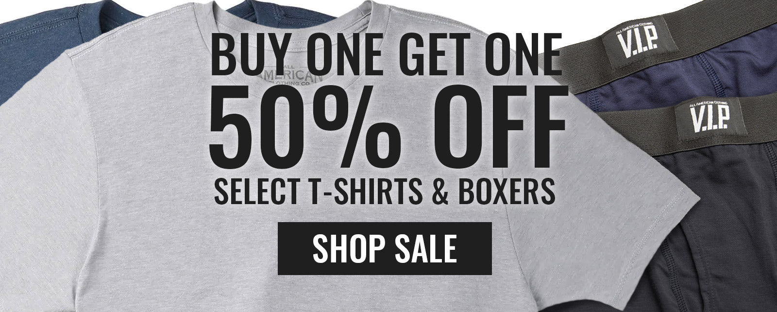 Gray t-shirt and black boxer briefs with sale text overlay