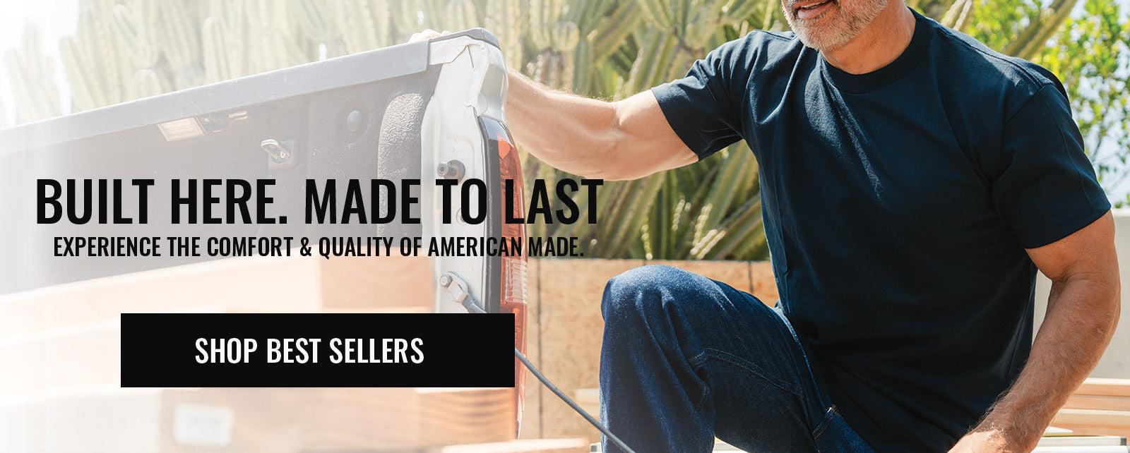 Man holding a product with text about American-made quality and a call to shop best sellers.