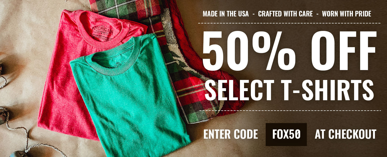 Two t-shirts, one red and one green, on a wooden surface with promotional text overlay.