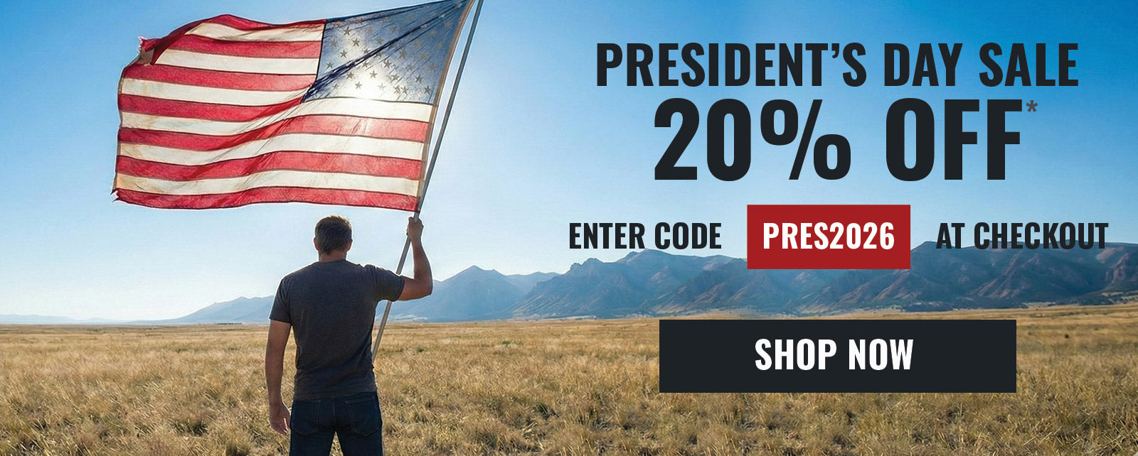 Person holding an American flag in a field with President's Day sale text overlay.