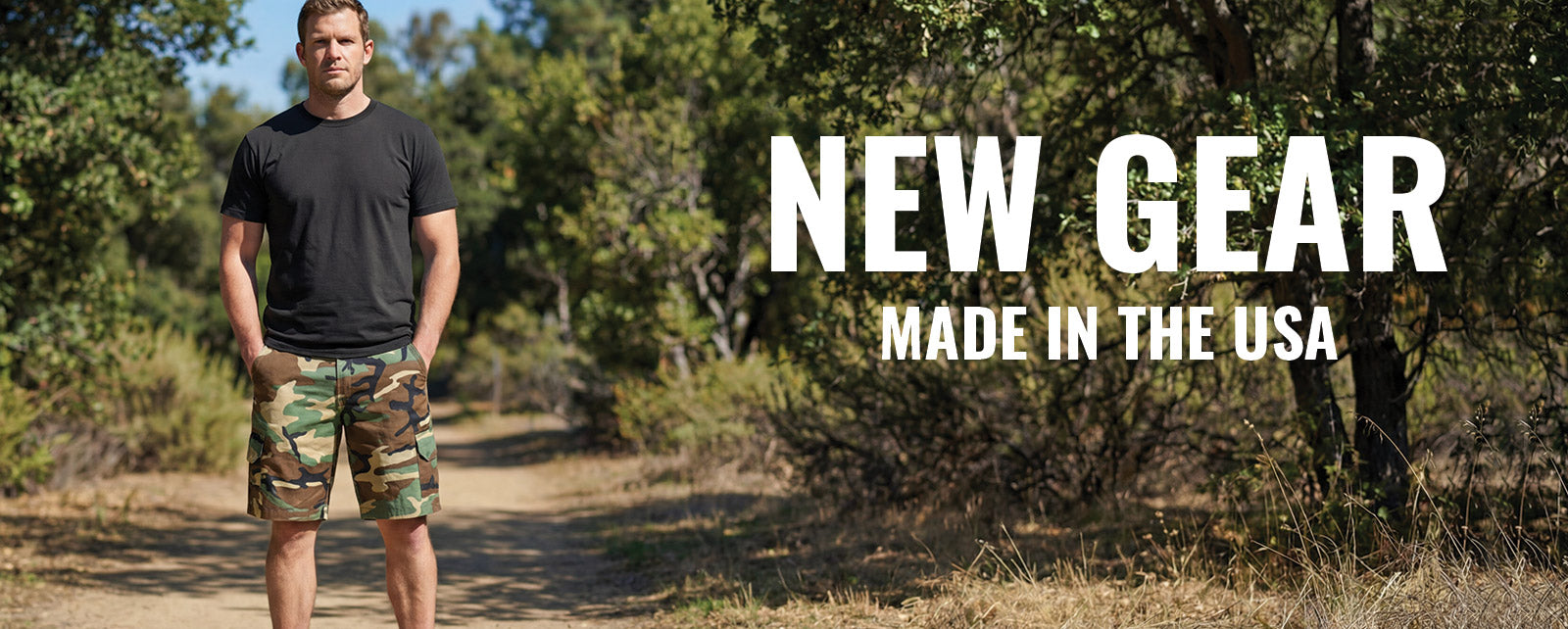 Man standing outdoors with text 'New Gear Made in the USA' displayed.
