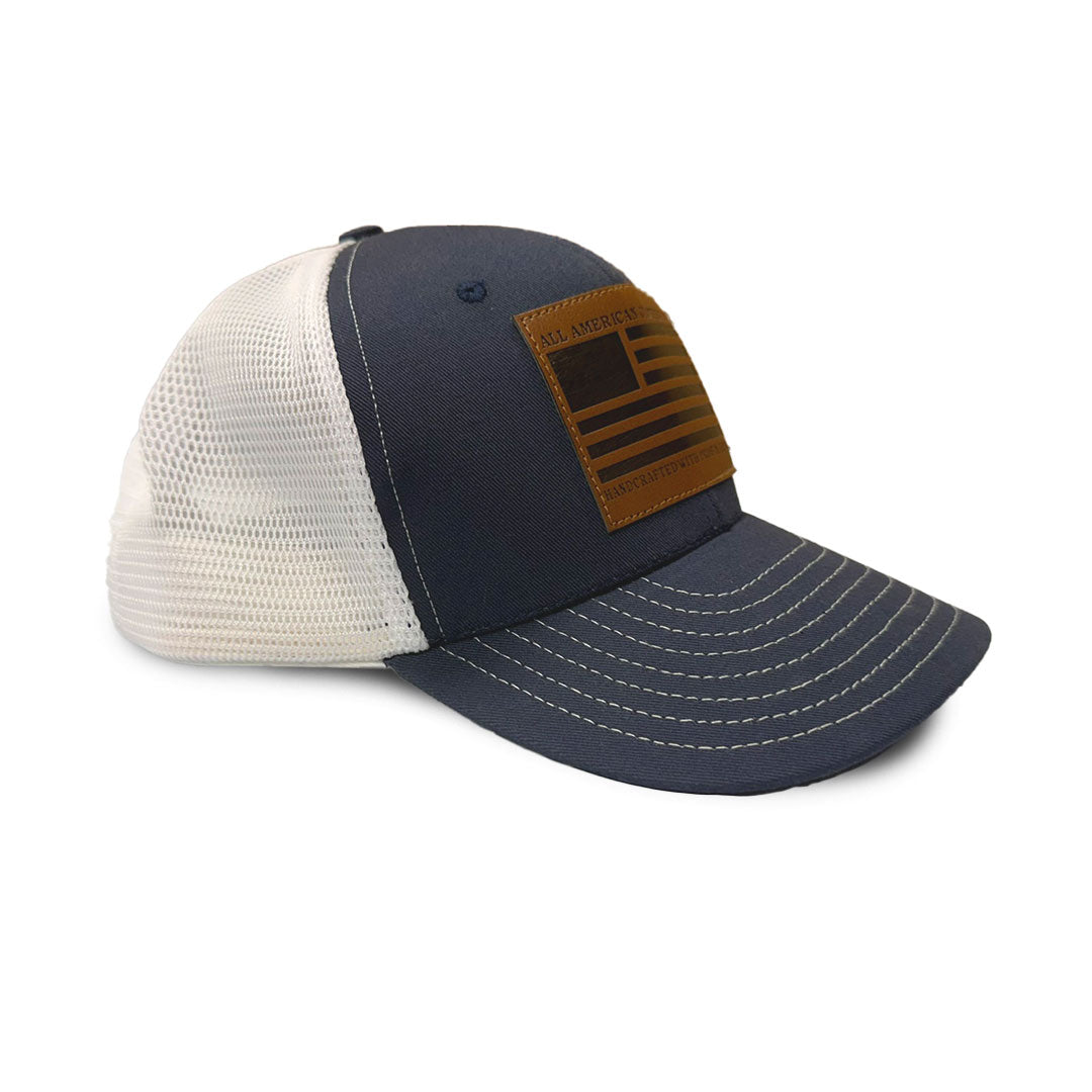 Trucker hat with a brown flag patch on a white background