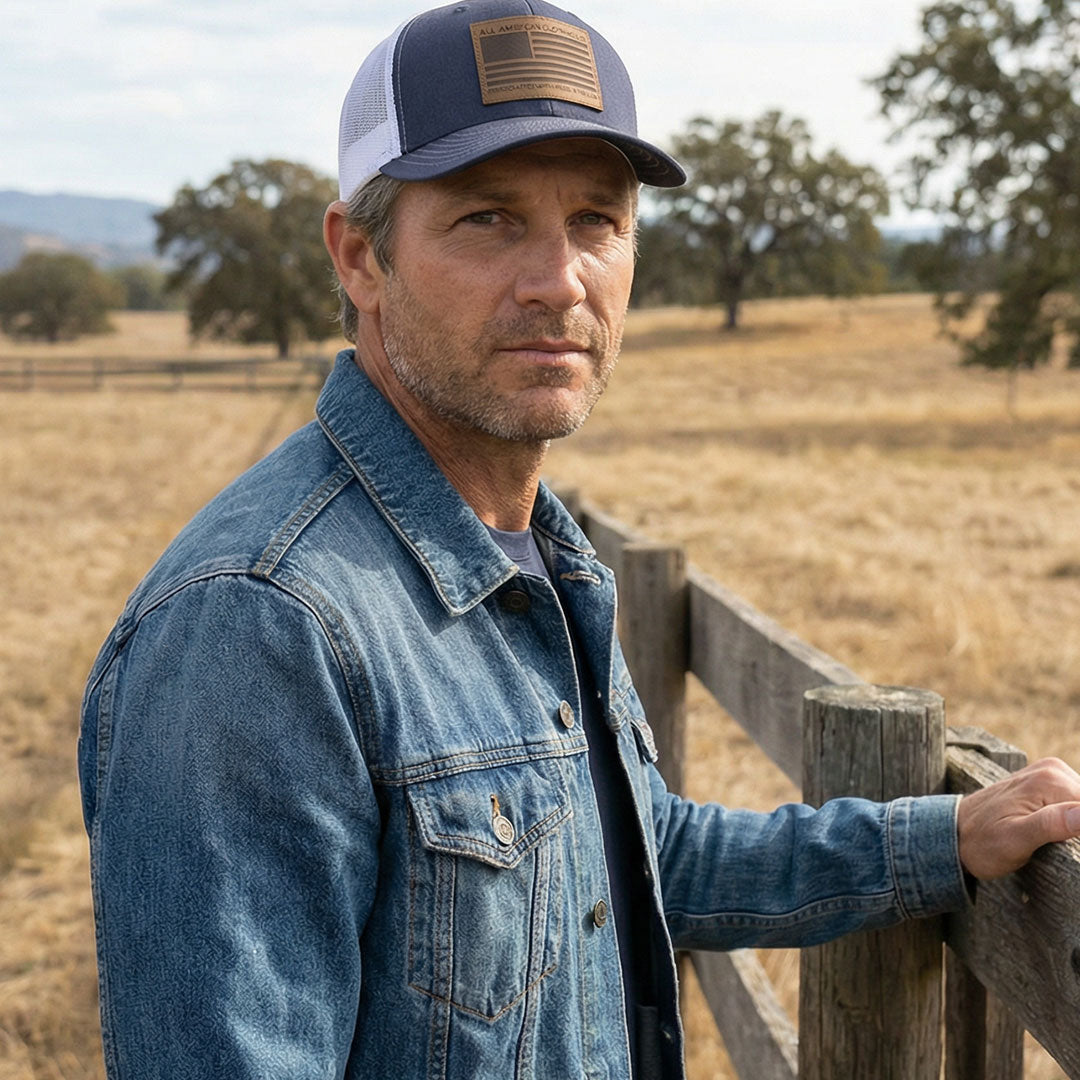 Man wearing a blue denim jacket and cap standing by a wooden fence in a rural setting.