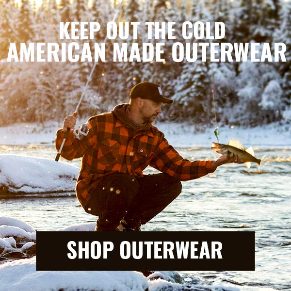 Man fishing in a snowy landscape with promotional text for American-made outerwear.