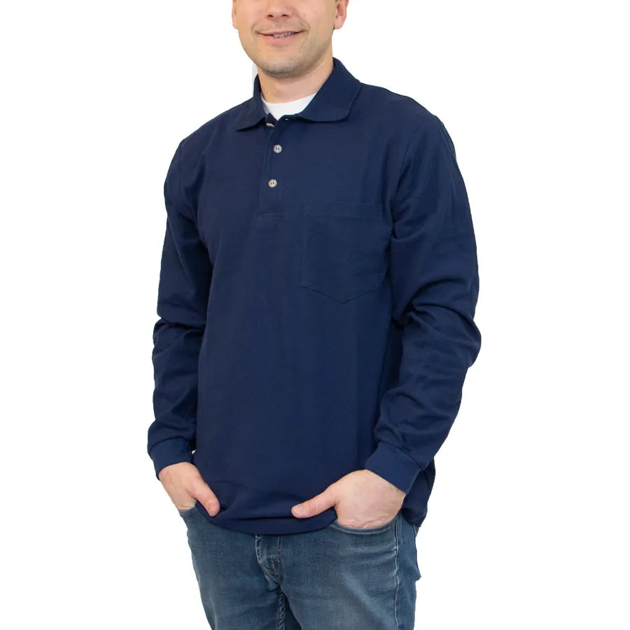 All American Clothing Co. - Long Sleeve Pique Cotton Polo with Pocket Akwa