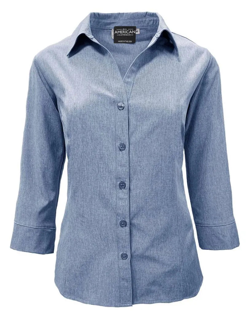 Womens 3/4 Sleeve Stretch Dress Shirt | Made in USA Heather Blue / 3XL Womens 3/4 Sleeve Stretch Dress Shirt | Made in USA Heather Blue / 3XL