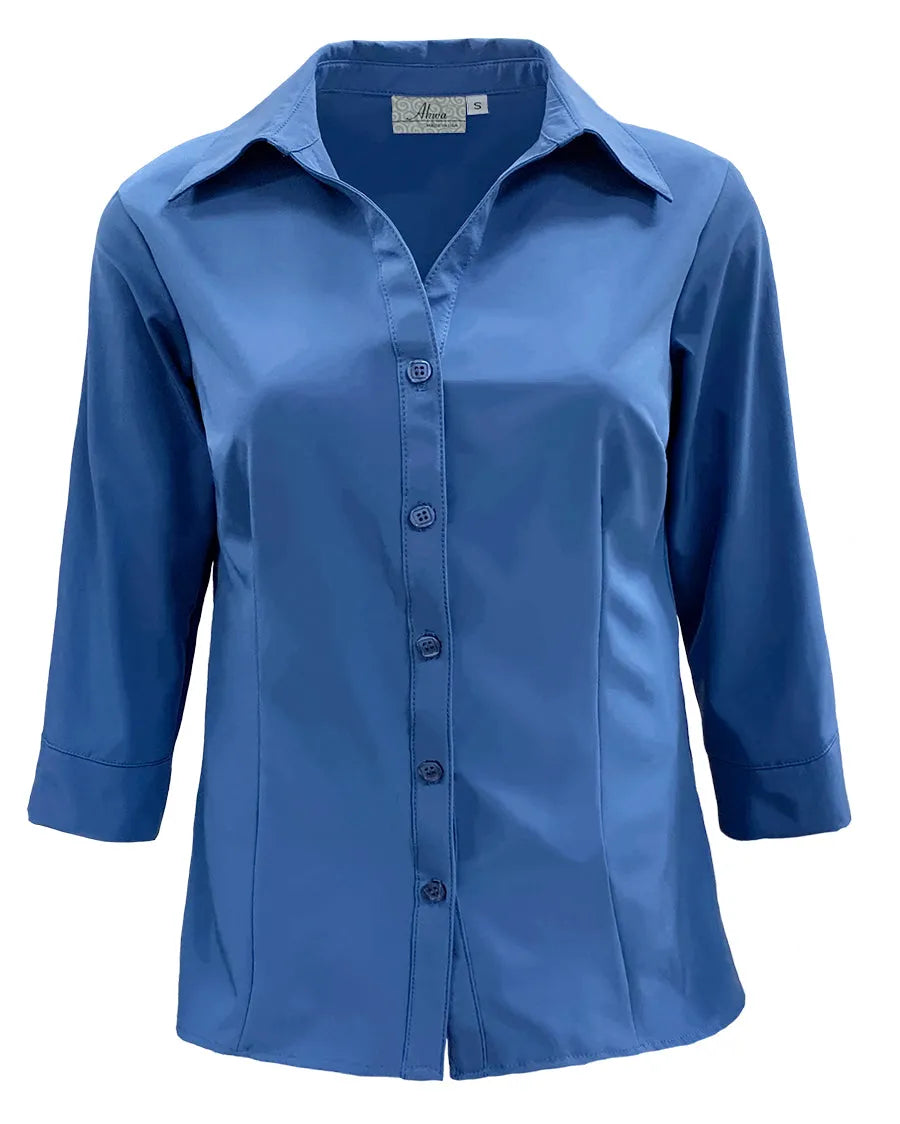 Womens 3/4 Sleeve Stretch Dress Shirt | Made in USA French Blue / 3XL Womens 3/4 Sleeve Stretch Dress Shirt | Made in USA French Blue / 3XL