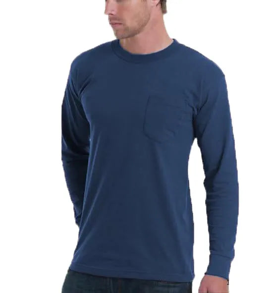 Long Sleeve Heavyweight 100% Cotton T-Shirt with Pocket - Made in USA Bayside