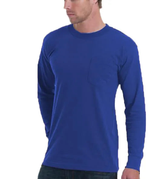 Long Sleeve Heavyweight 100% Cotton T-Shirt with Pocket - Made in USA Bayside