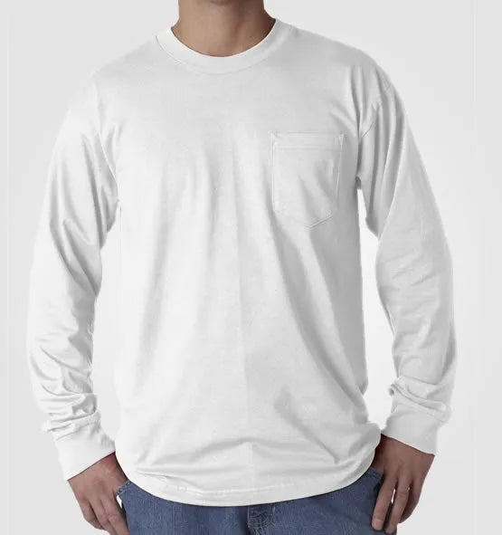 Long Sleeve Heavyweight 100% Cotton T-Shirt with Pocket - Made in USA Bayside